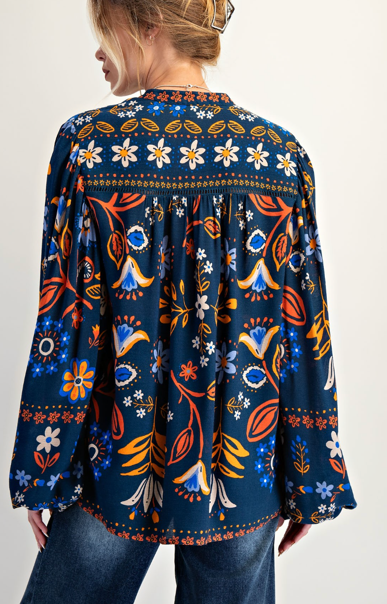 Indigo Blue Floral Print Balloon Sleeve Top