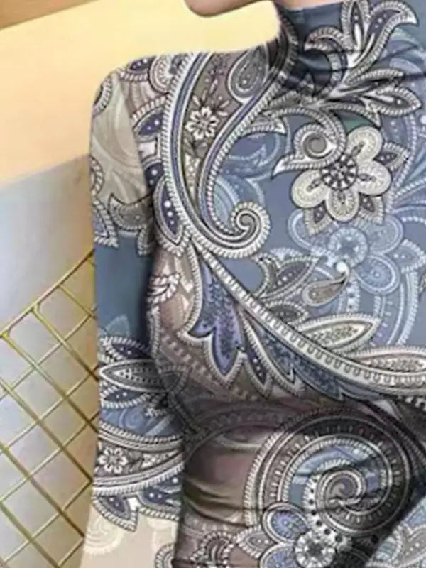 Flower Print High Neck Long Sleeve Skinny Top