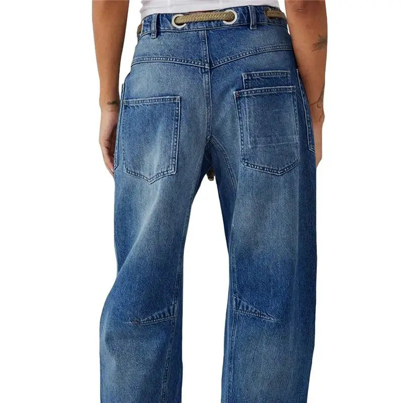 Loose Straight Drawstring Patchwork Jeans