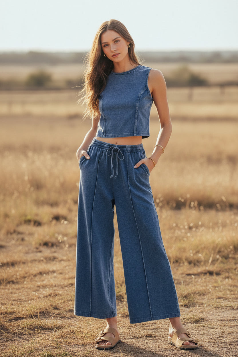 Mineral Wash Crop Tank & Wide Leg Pant Set | Faux Denim | Dani