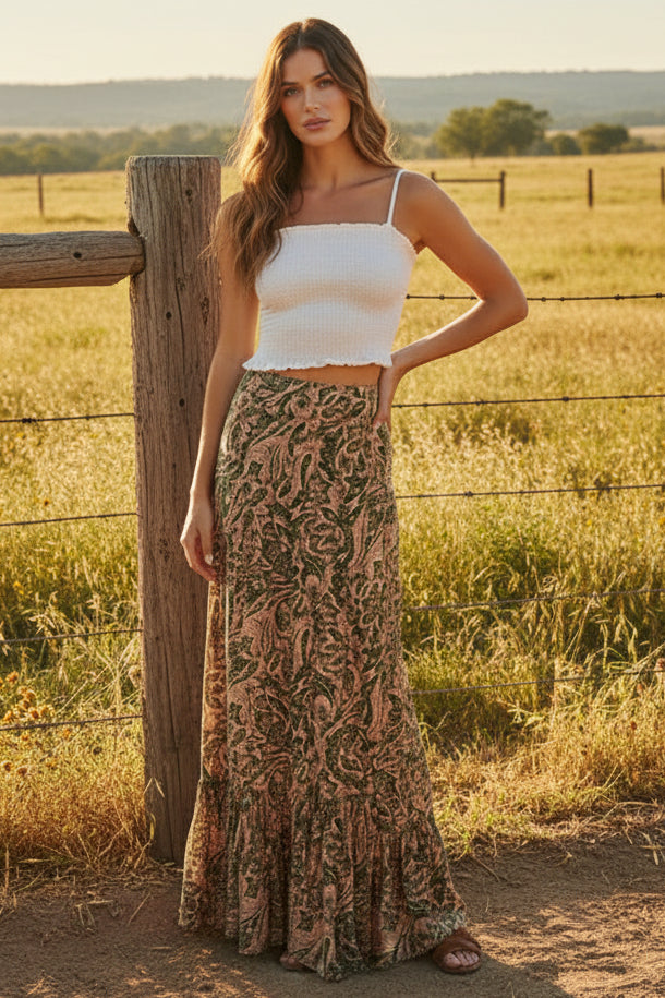 paisley print wide ruffle pants western boho Dani California Boutique