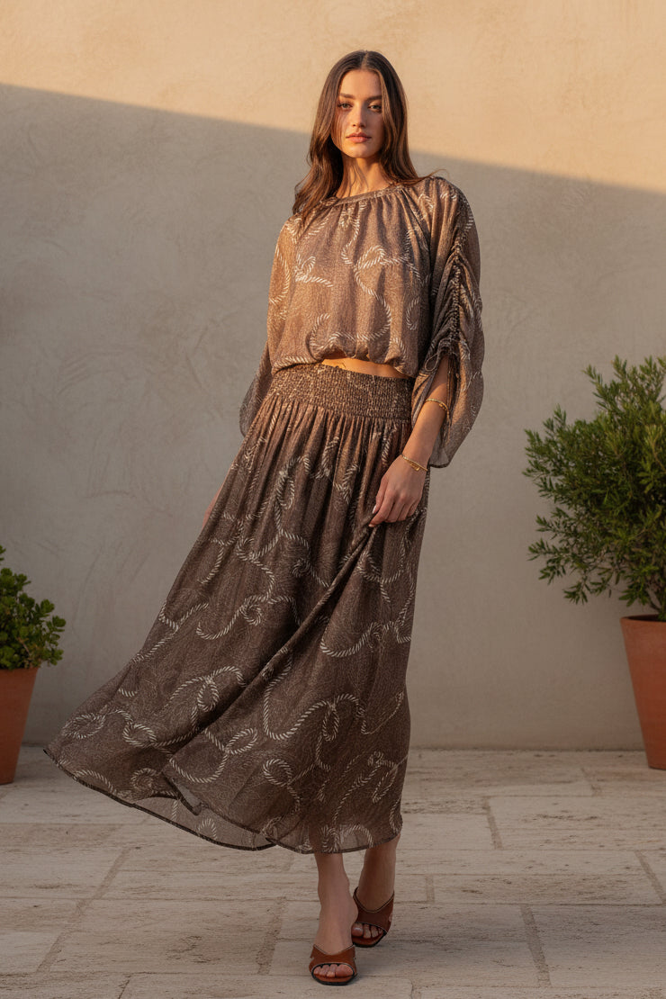 rope print smocked waist maxi skirt in mocha brown resort boho style Dani California Boutique