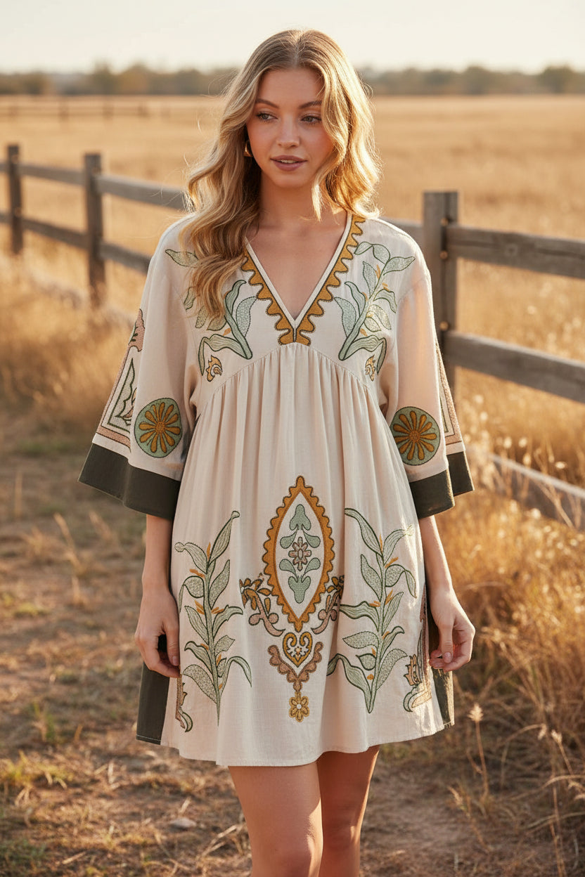 embroidered boho mini dress sage and beige Dani California Boutique