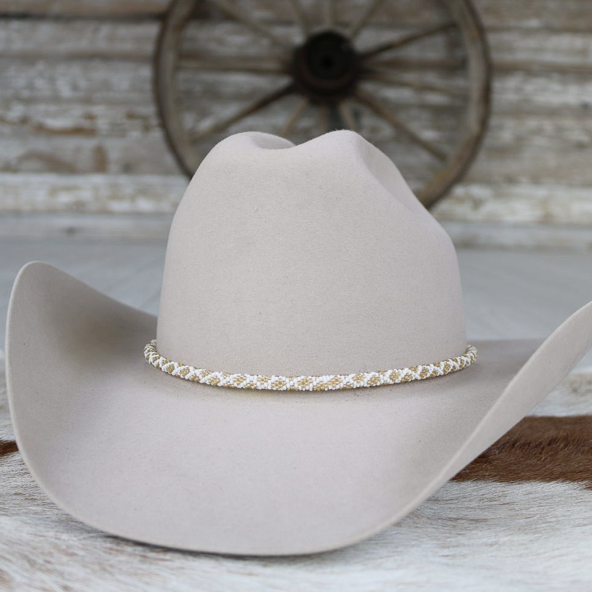 Round Beaded Hat Band (White & Gold)