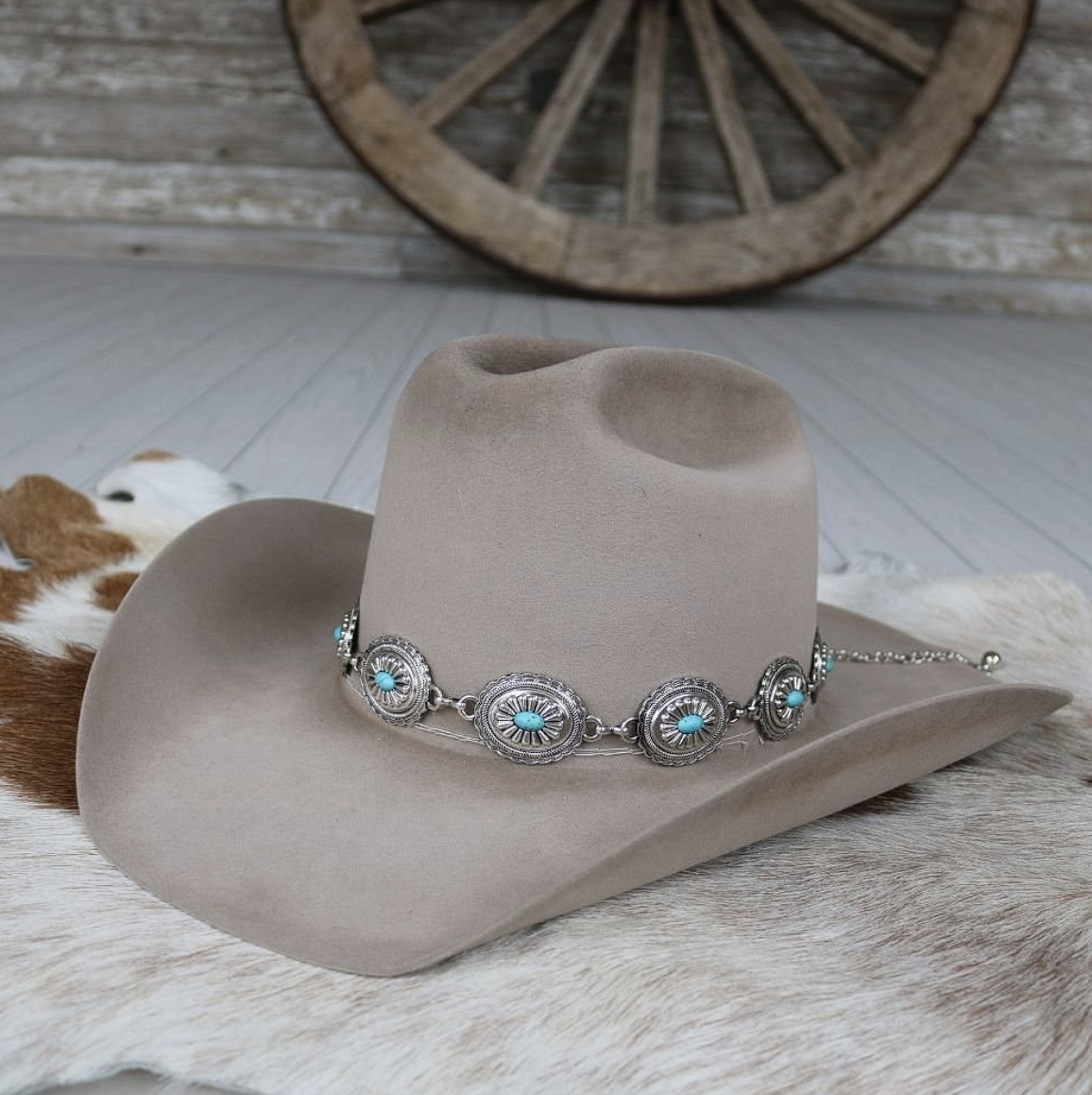 Silver Concho Chain Hat Band Turquoise Stone