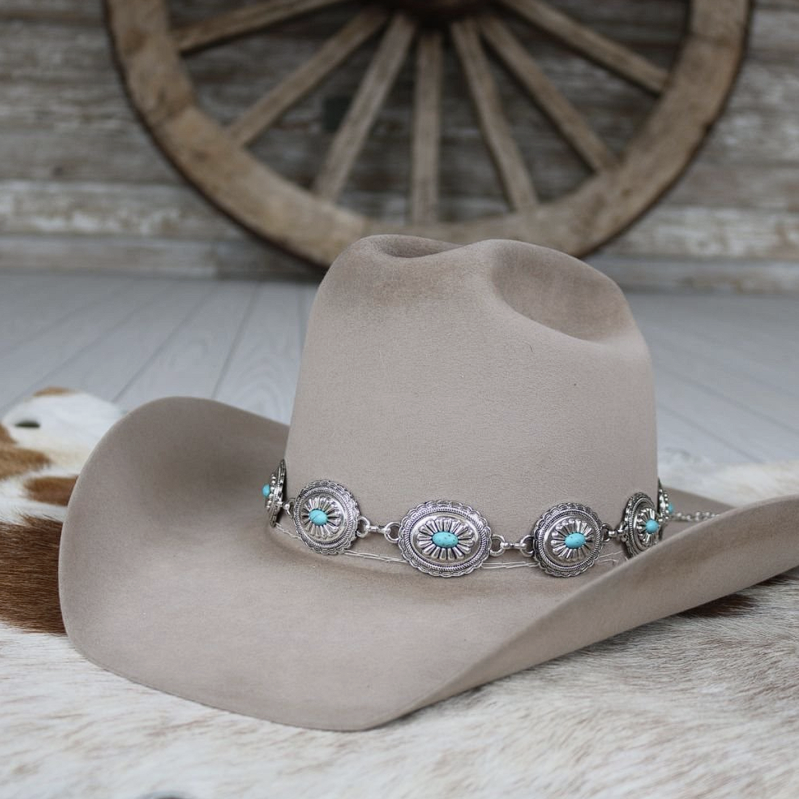 Silver Concho Chain Hat Band Turquoise Stone
