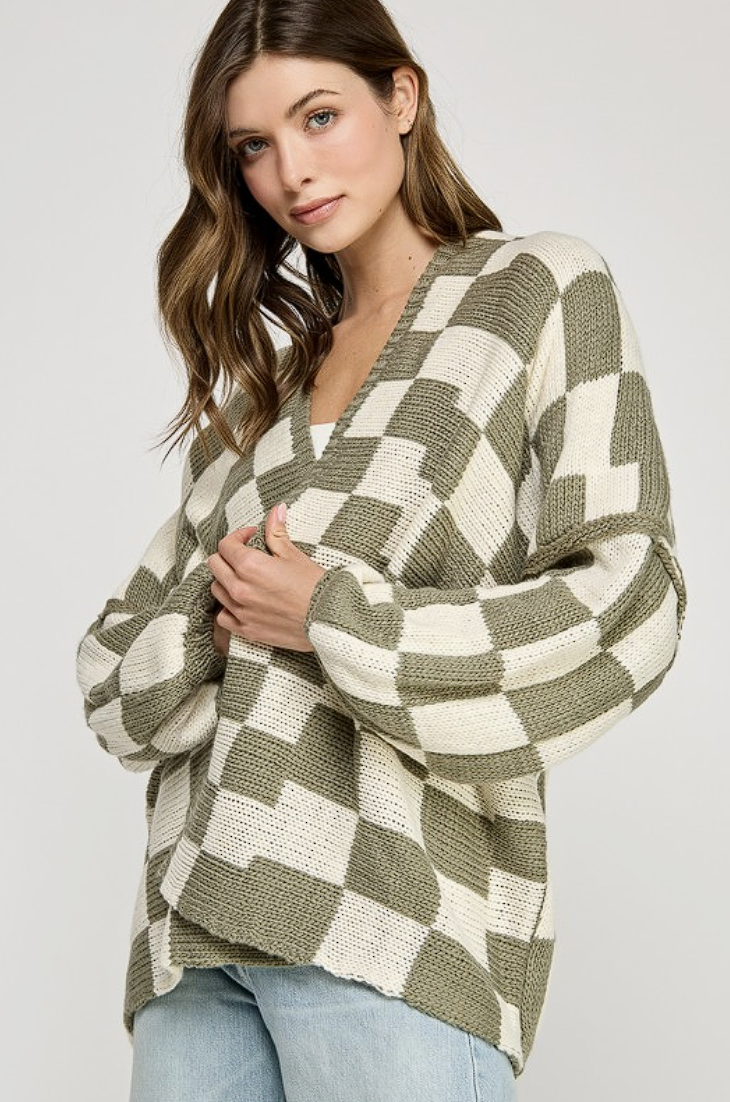Checker Dropped Shoulders Cardigan