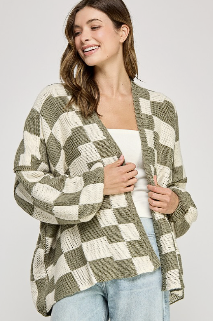 Checker Dropped Shoulders Cardigan
