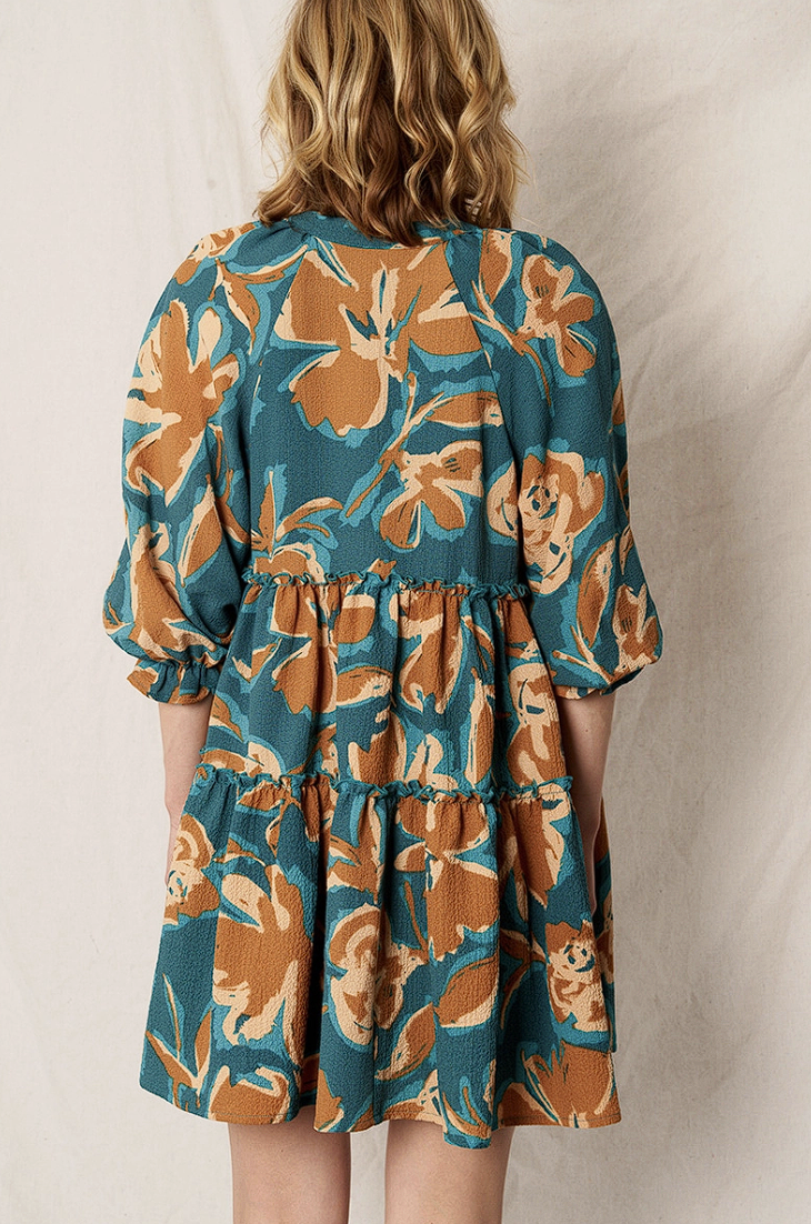 Printed 3/4 Sleeve Tiered Mini Dress