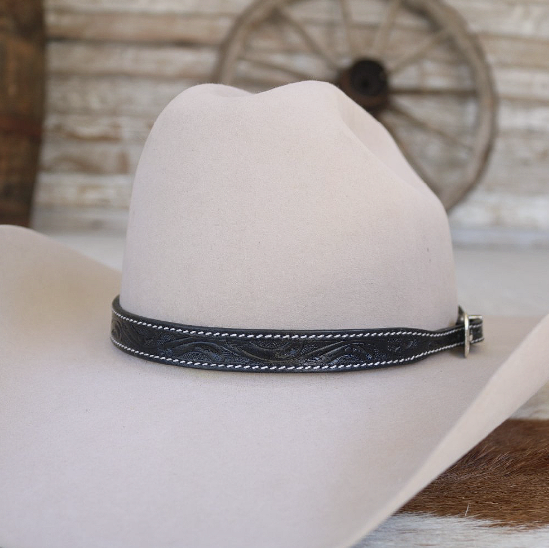 Black Tooled Leather Buckle Hat Band