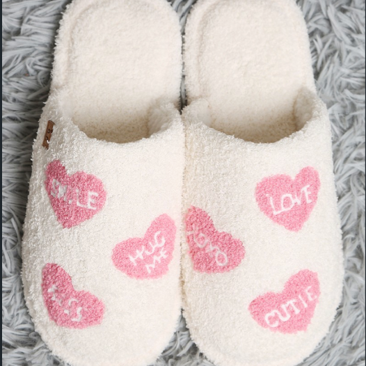 Fuzzy White Slippers with Pink Heart Embroidery