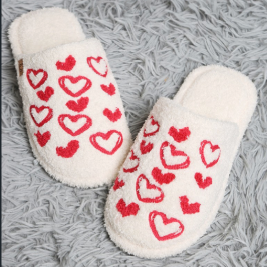 White Fuzzy Slippers with Red Heart Embroidery