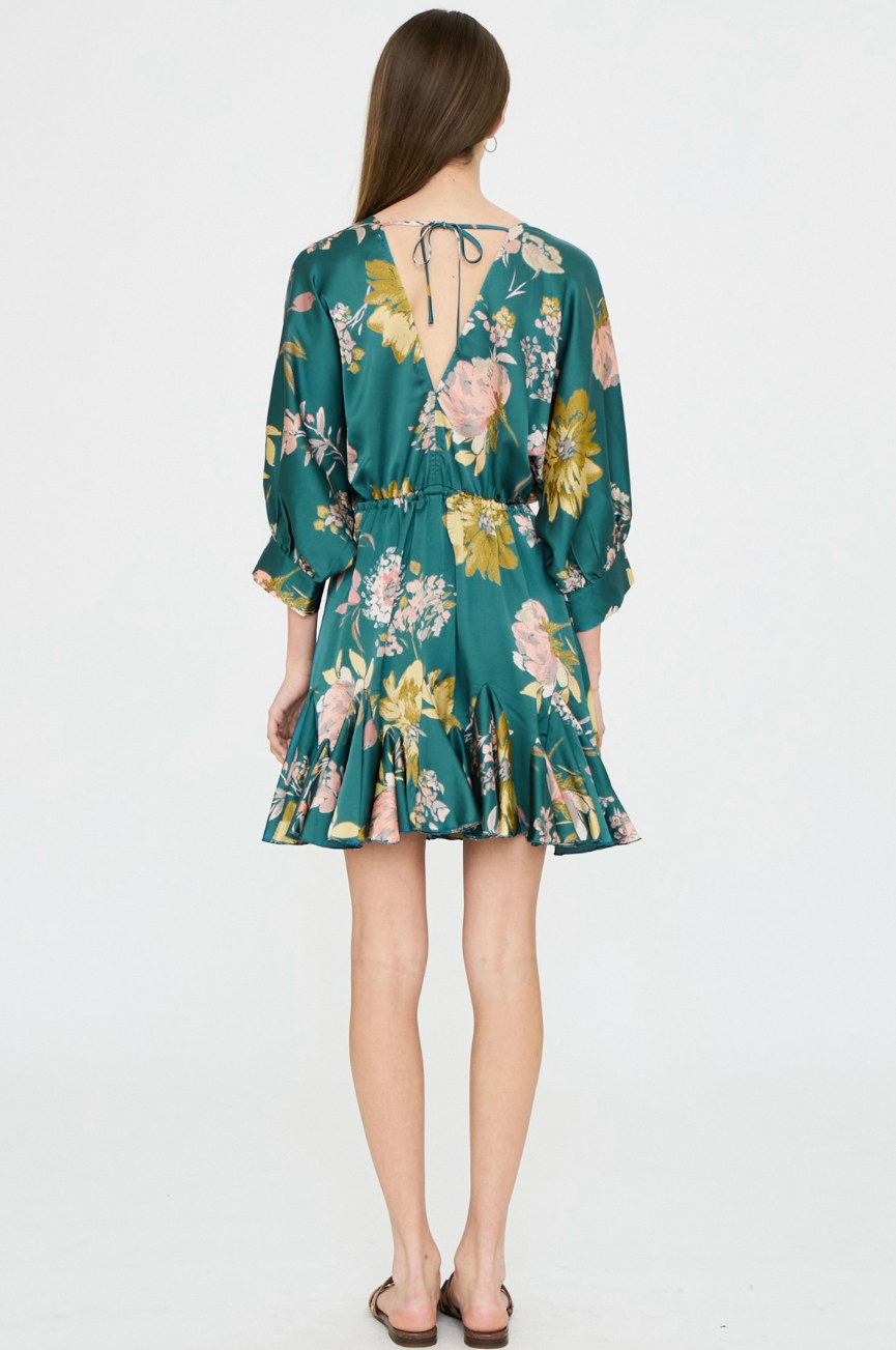 Floral Dolman Sleeve Tie Waist Mini Dress