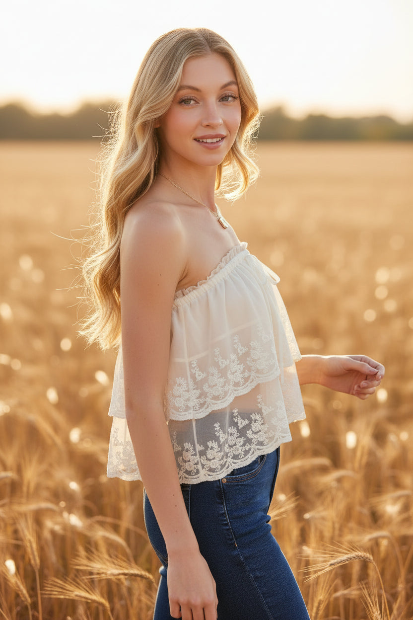 cream lace strapless ruffle top western boho style Dani California Boutique