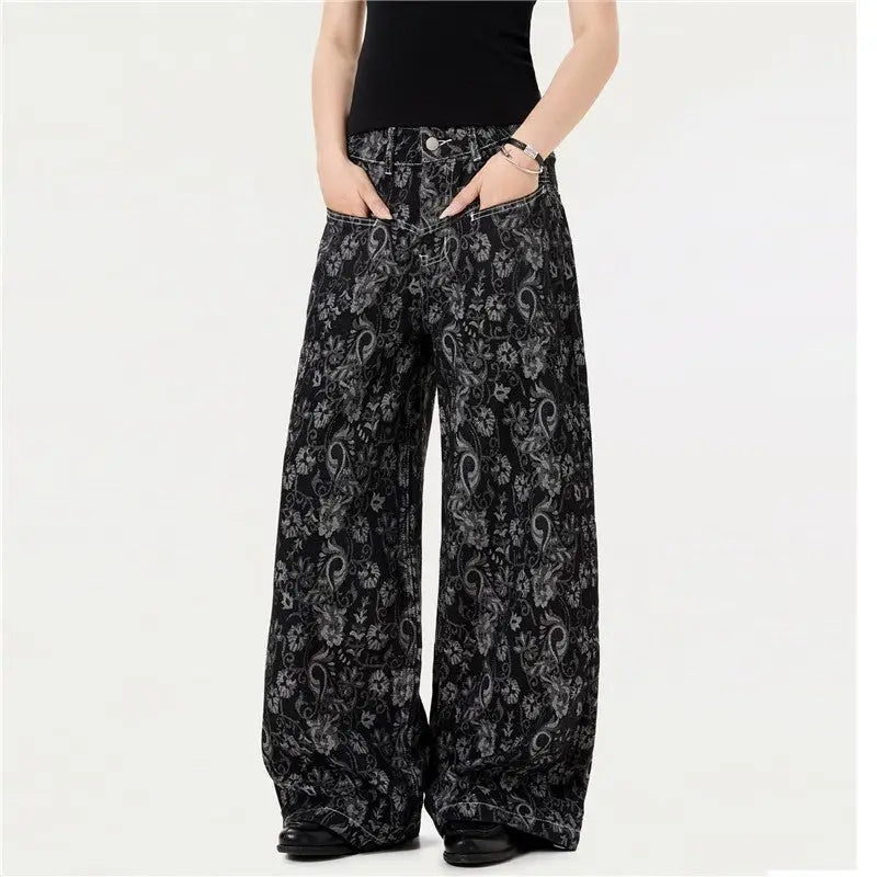 Vintage Pattern Print Loose Wide Leg Jeans