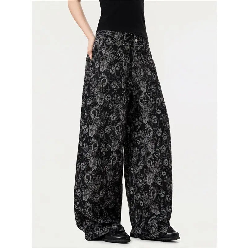 Vintage Pattern Print Loose Wide Leg Jeans