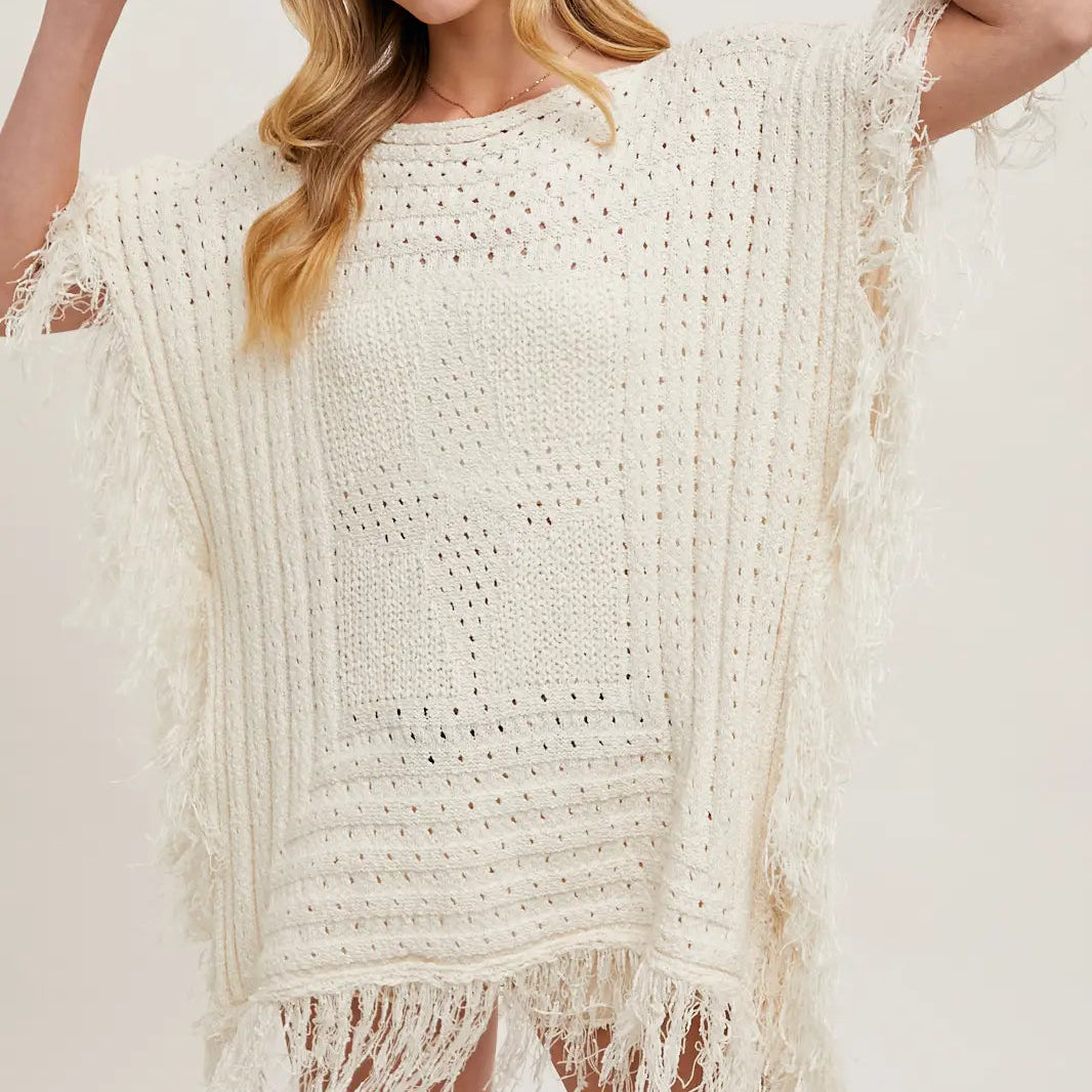 Woman wearing a white crochet cover-up and straw hat against a light background