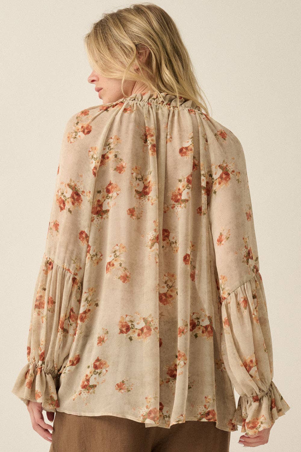 Sheer Floral Chiffon Lantern-Sleeve Button-Front Top