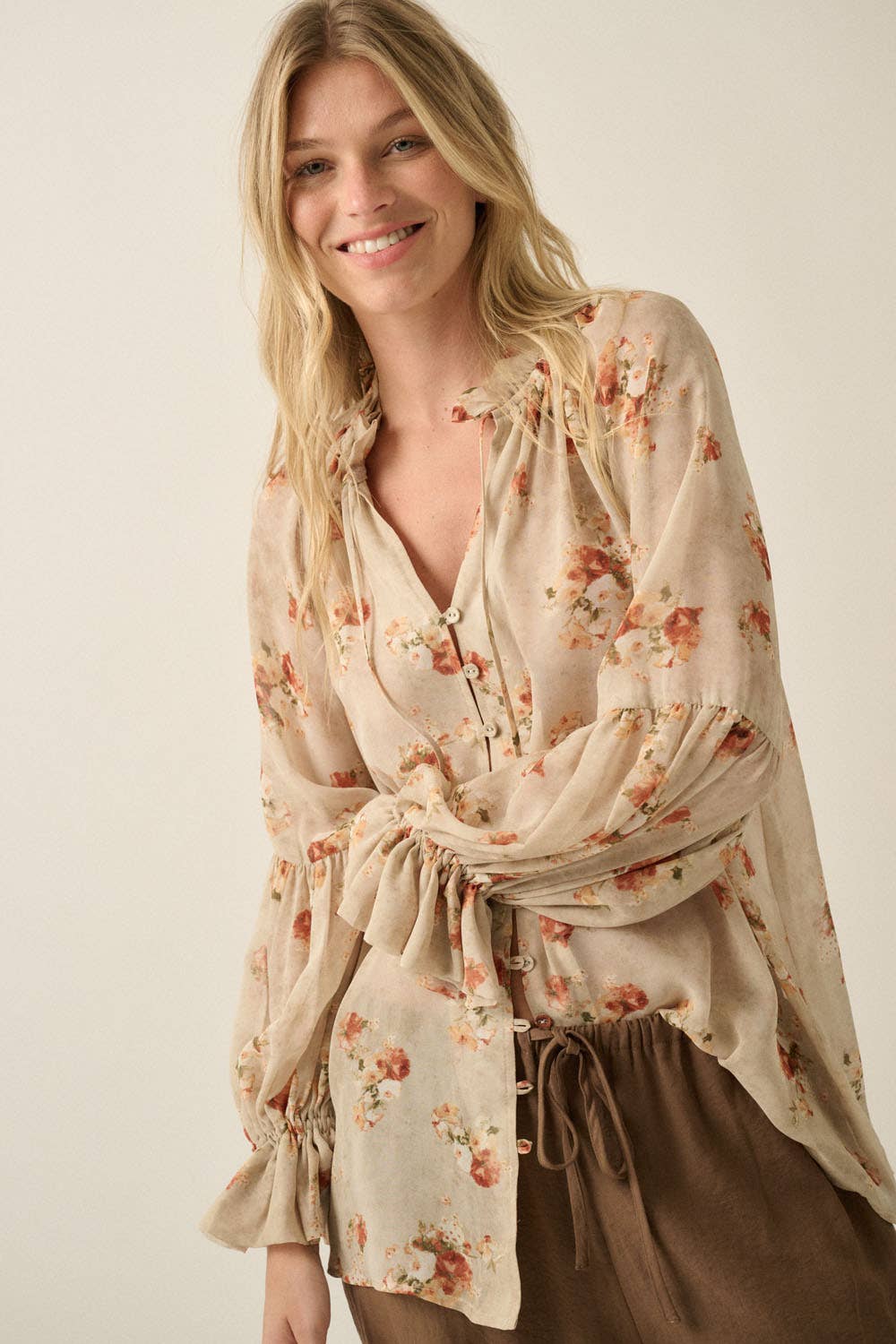 Sheer Floral Chiffon Lantern-Sleeve Button-Front Top