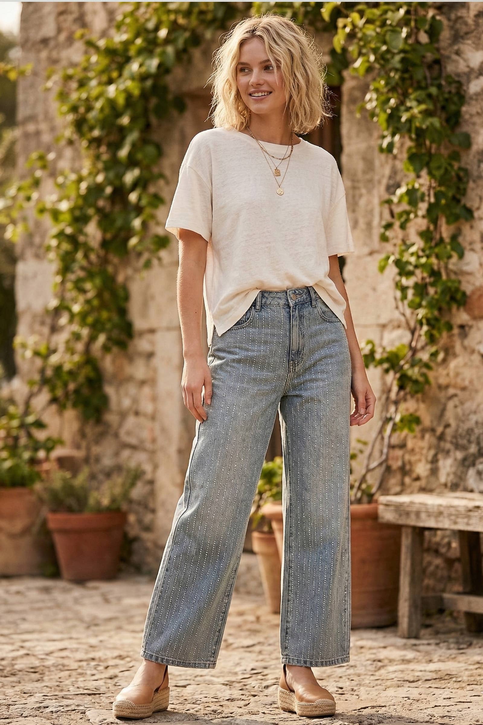 Studded Wide Leg Denim Pants
