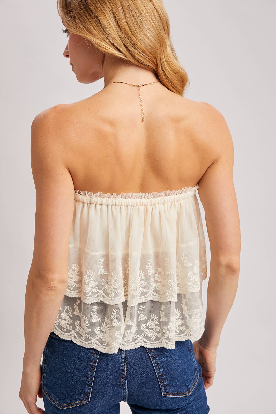 TIERED LACE FRONT TIE TUBE TOP
