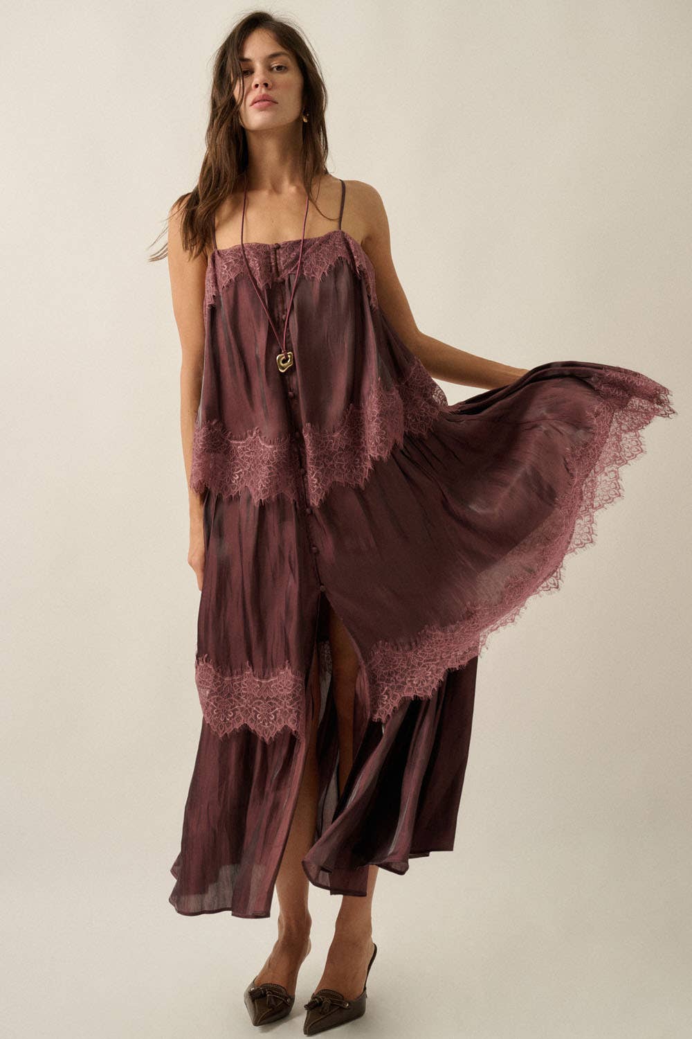 Shimmer Chiffon Lace-Trim Tiered Buttoned Maxi Slip Dress