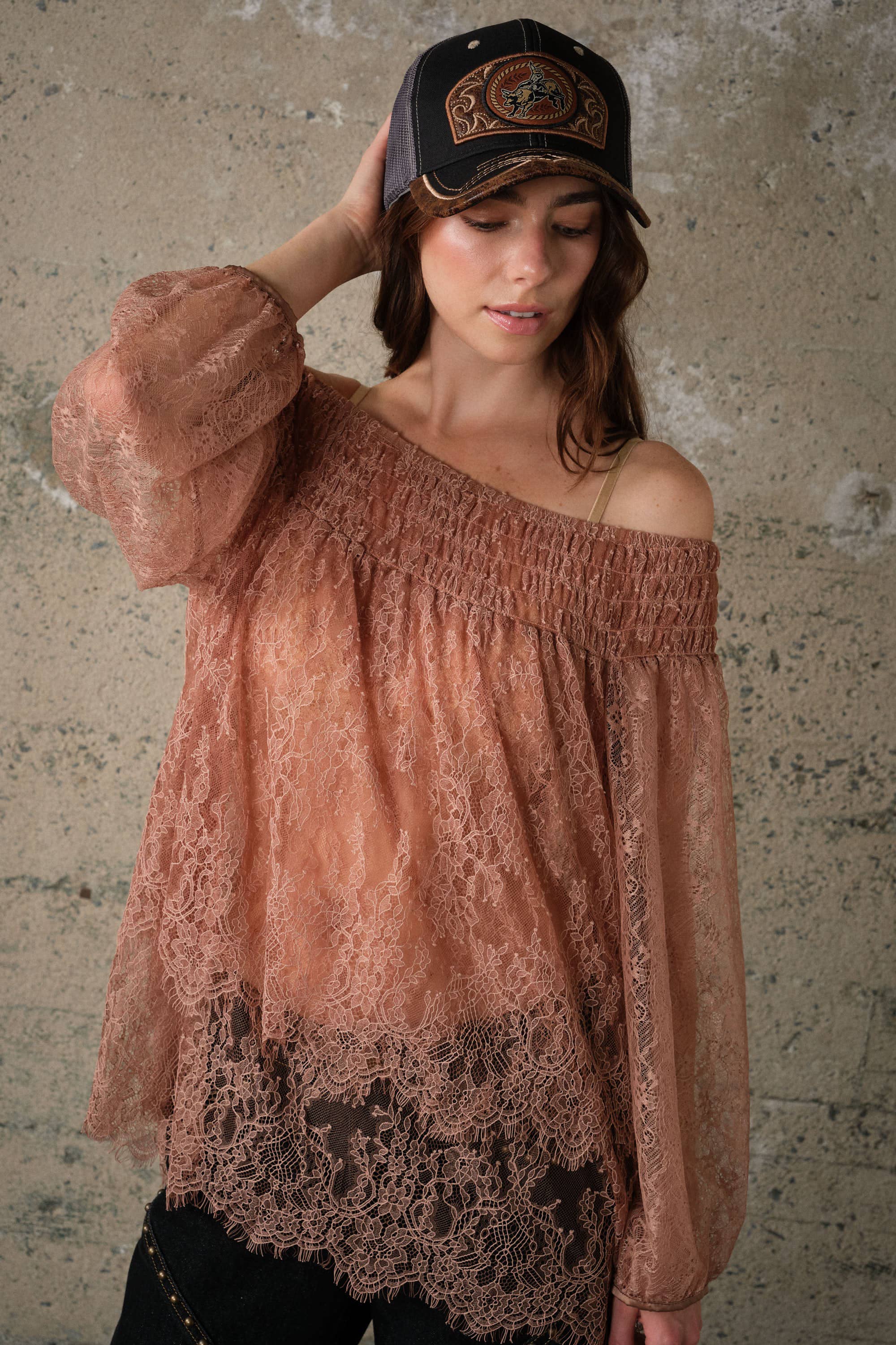 Off Shoulder Sheer Lace Blouse