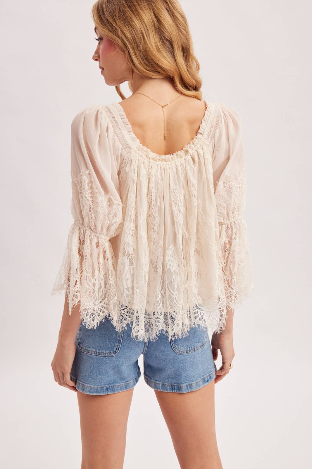WIDE NECK RUFFLED EYELASH LACE BLOUSE