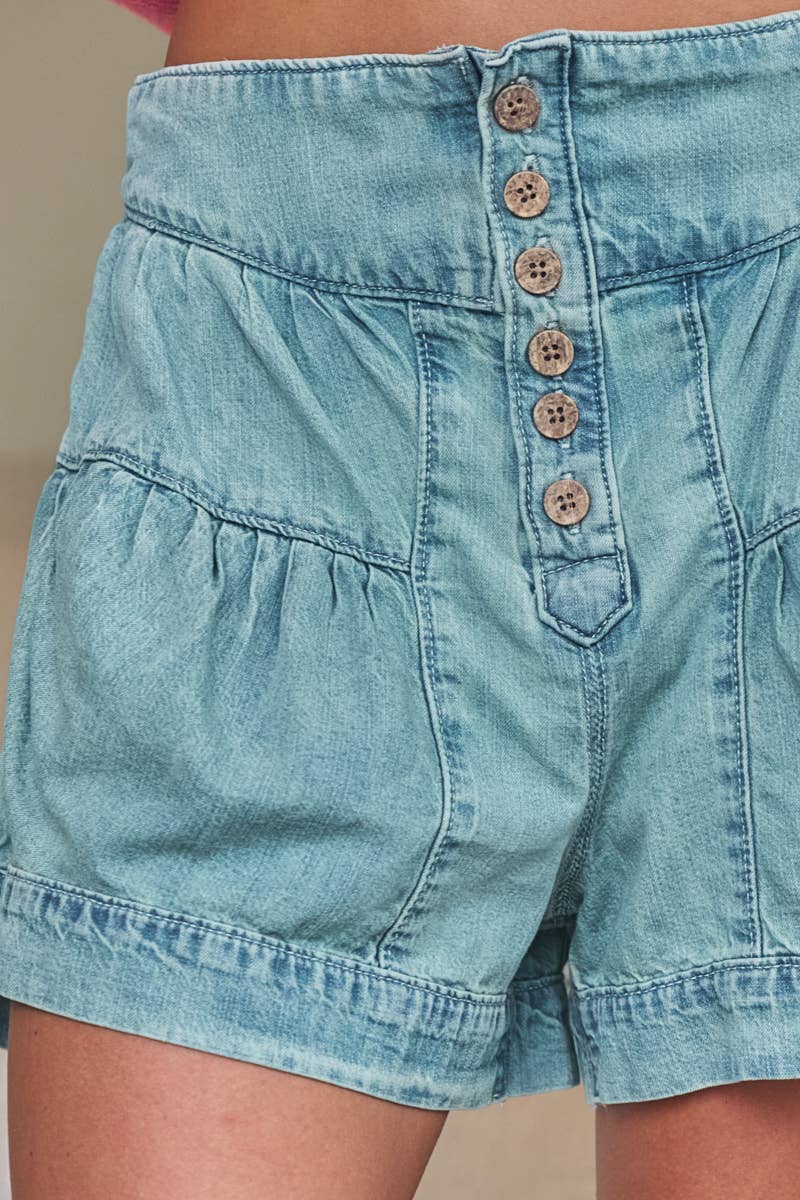 Light Wash Button Fly Gathered Denim Shorts