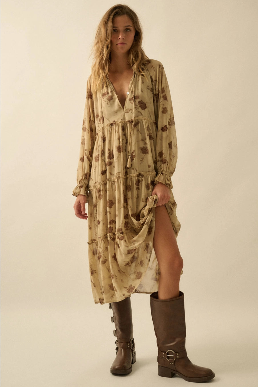 Floral Tiered Ruffle Midi Prairie Dress