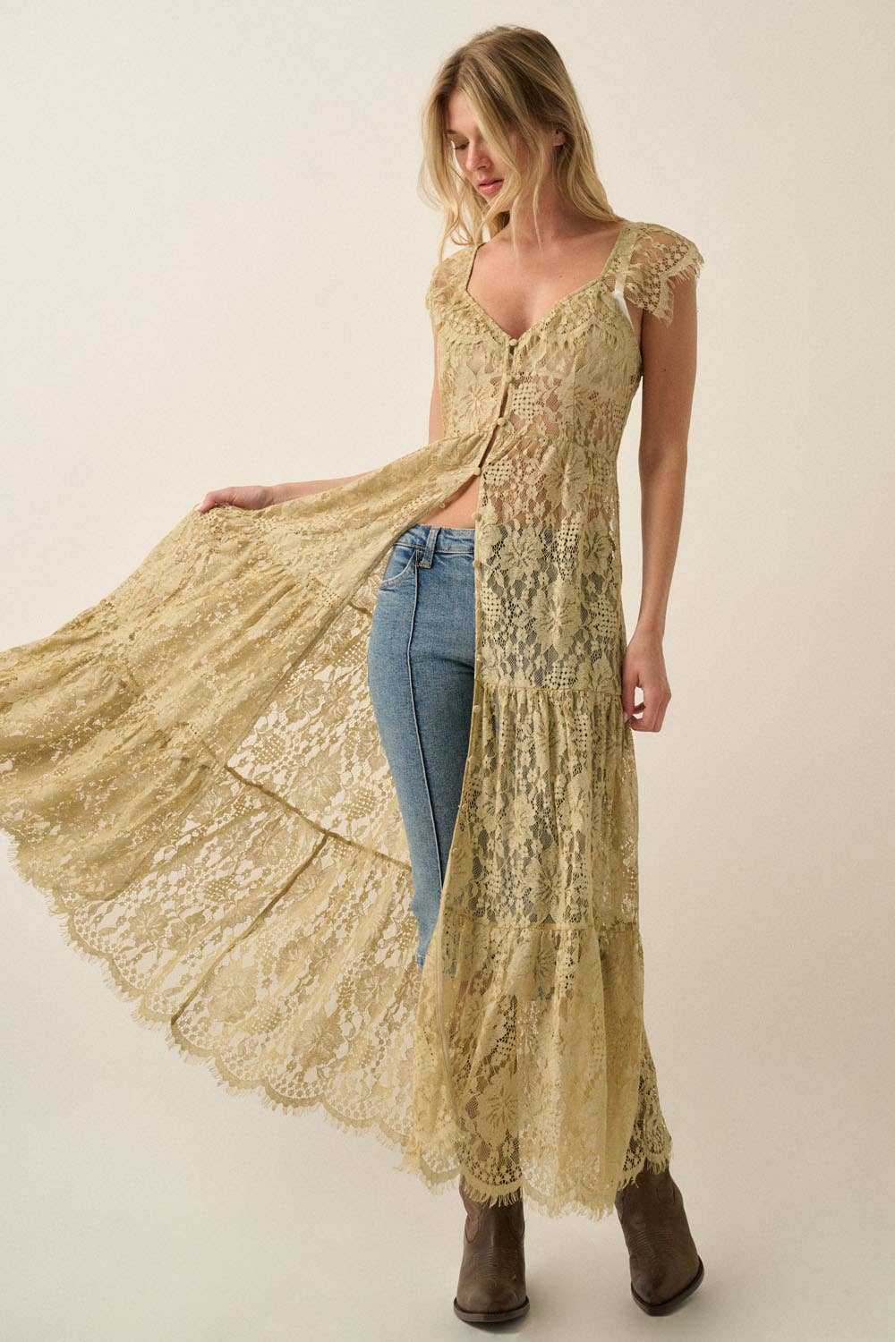 Sheer Floral Lace Button-Front Tiered-Ruffle Maxi Top