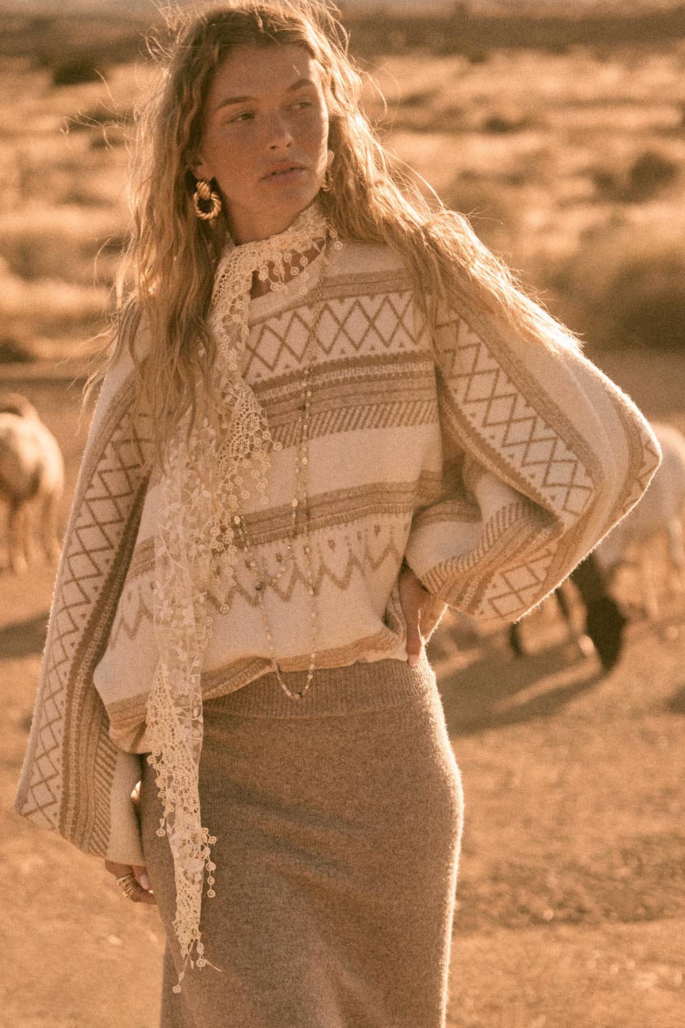 Fair Isle Jacquard-Knit Dolman Bubble-Sleeve Sweater