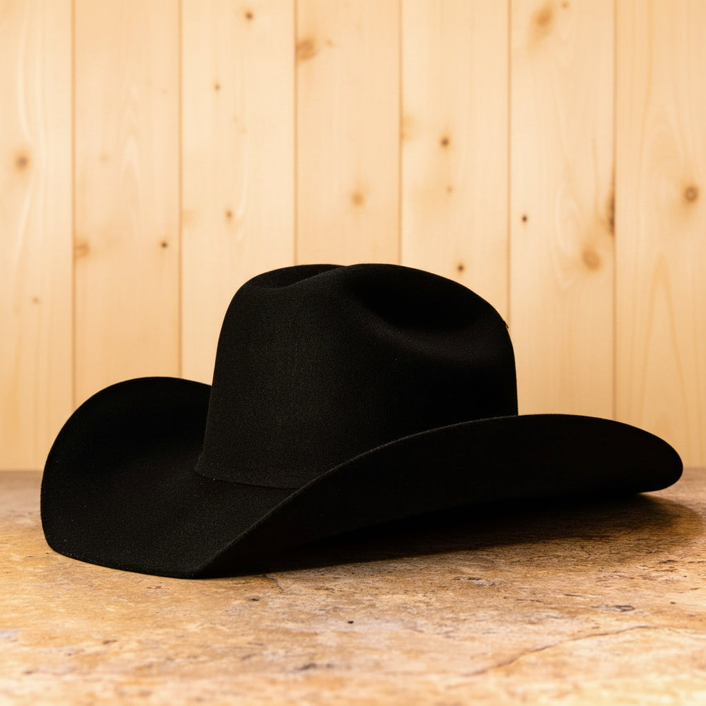 black premium wool cattleman cowboy hat with structured western brim and classic ranch style silhouette Dani California Boutique