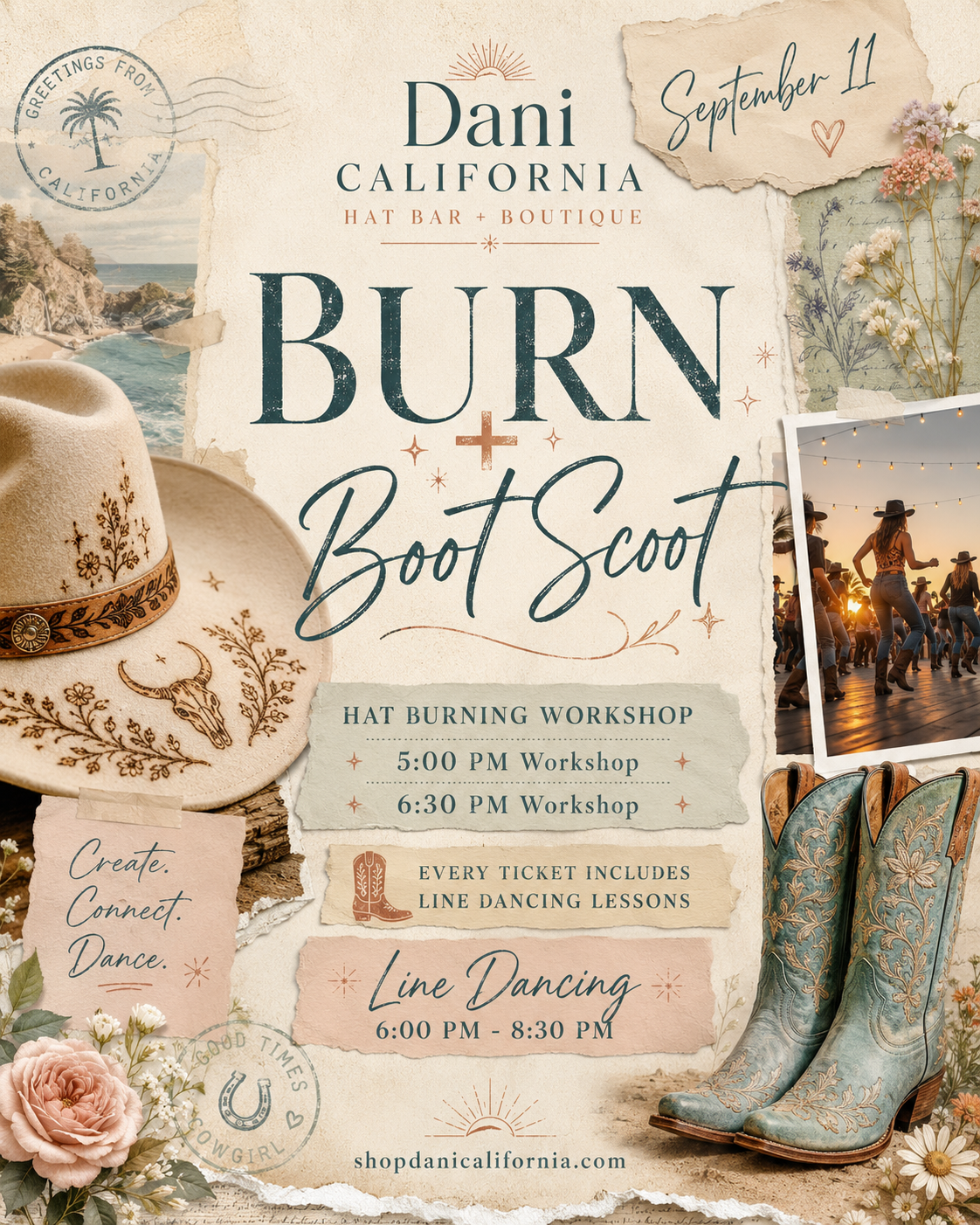 Burn + Boot Scoot Hat Burning Workshop and Line Dancing at Dani California on September 11
