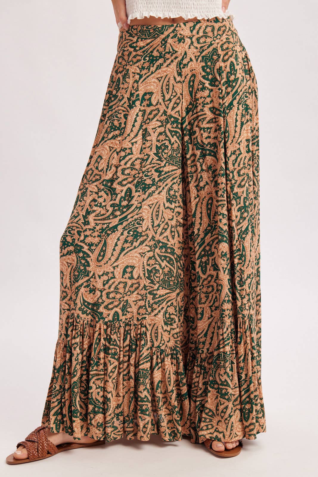 PAISLEY PRINT WIDE RUFFLED PANTS