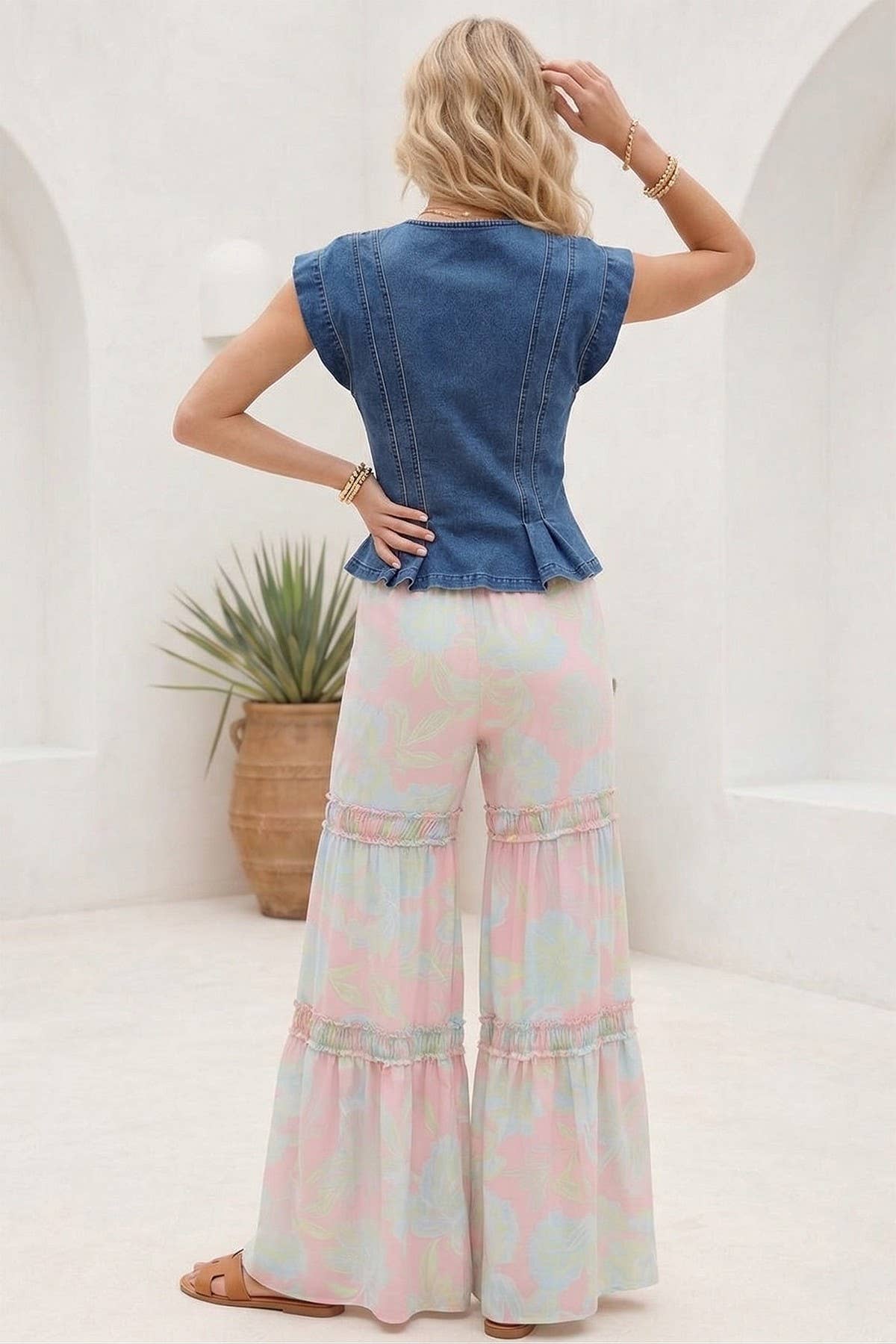 WIDE SHOULDER BUTTON DOWN PLEAT DETAIL DENIM TOP