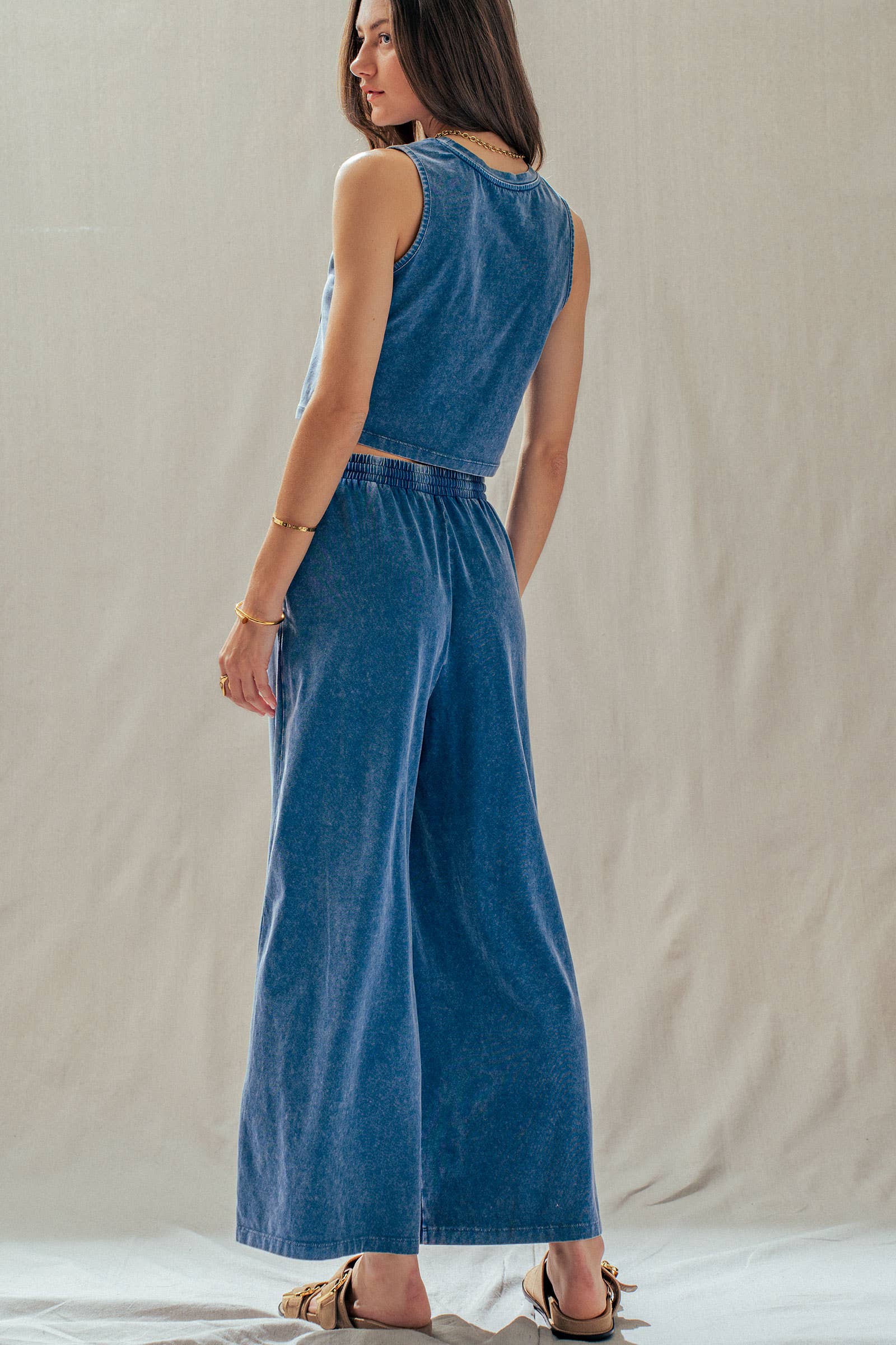 Mineral Wash Cotton Crop Tank & Wide Leg Pant Set