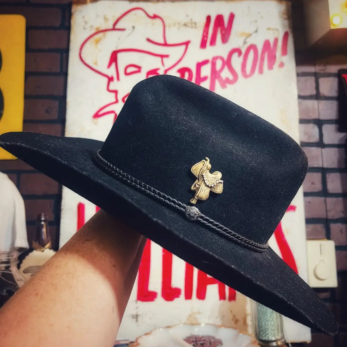 Brass Patina Rhinestone Western Saddle Hat Pin