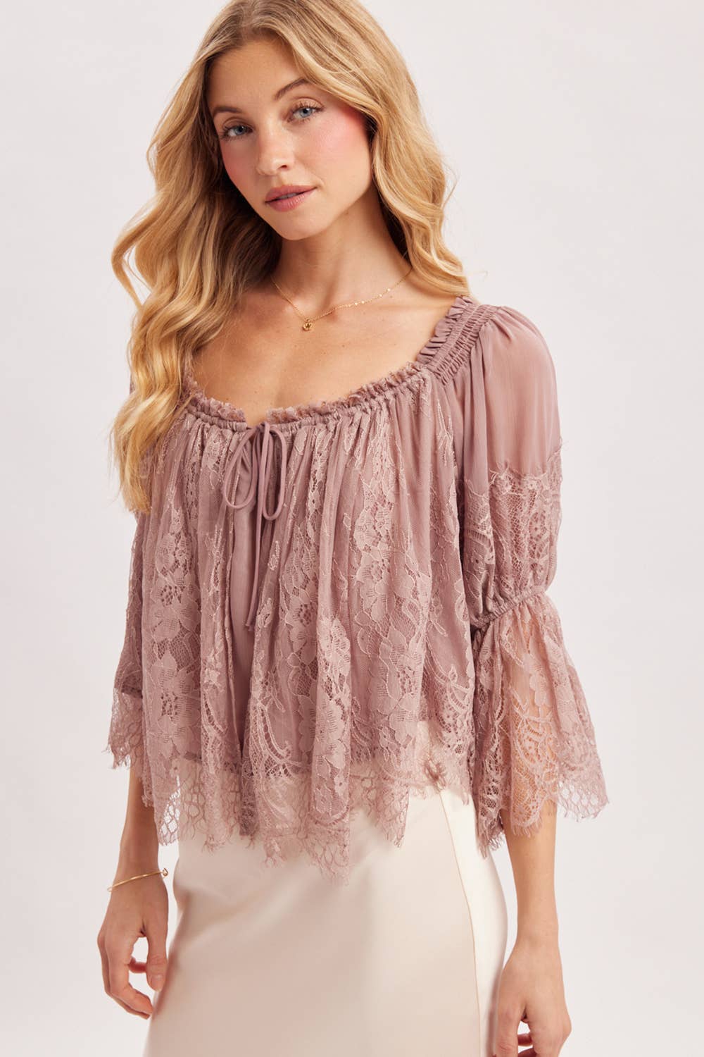 WIDE NECK RUFFLED EYELASH LACE BLOUSE
