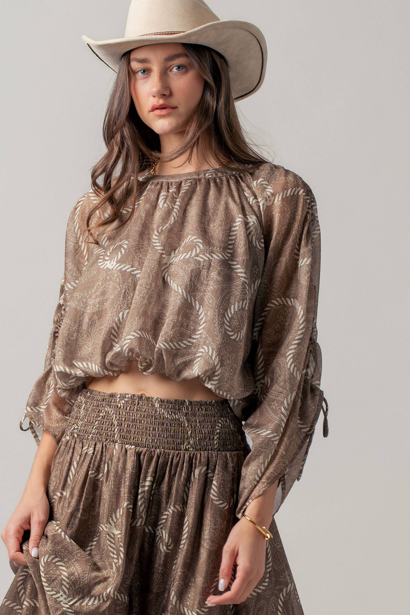 Rope Print Ruched Sleeve Blouse