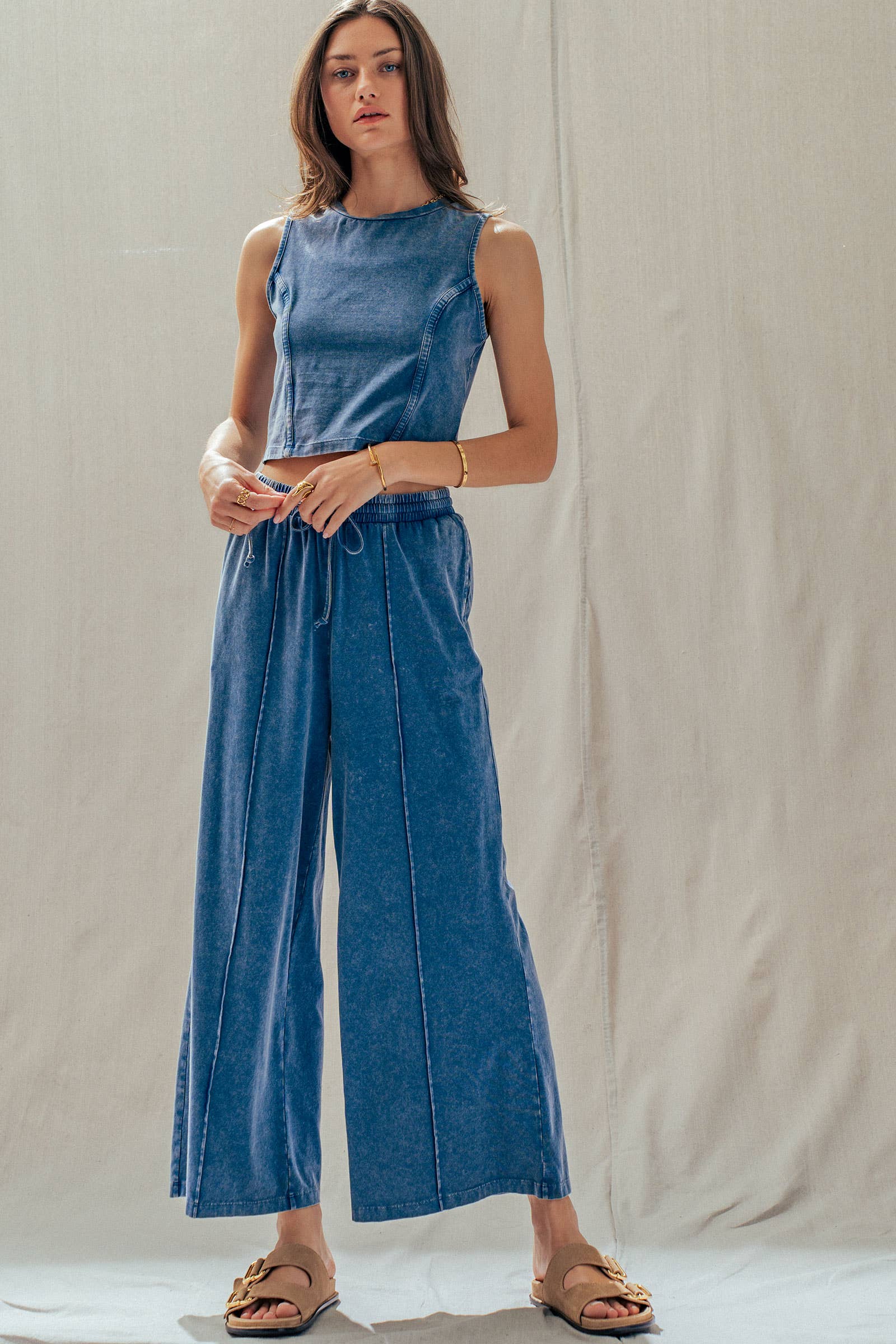 Mineral Wash Cotton Crop Tank & Wide Leg Pant Set