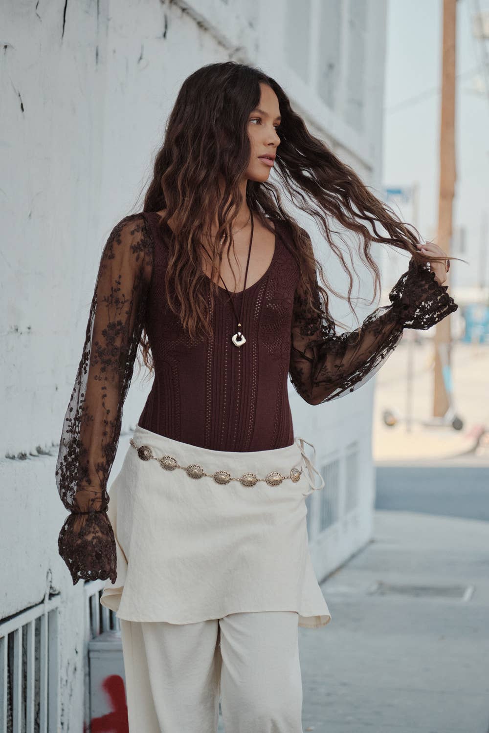 Floral and Ribbed Pointelle-Knit Lace Bubble-Sleeve Bodysuit