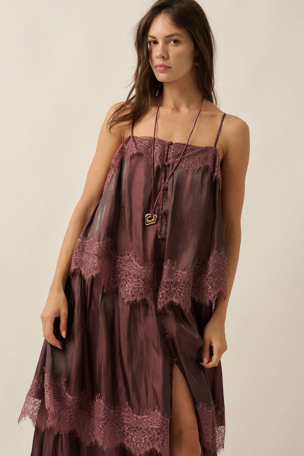 Shimmer Chiffon Lace-Trim Tiered Buttoned Maxi Slip Dress