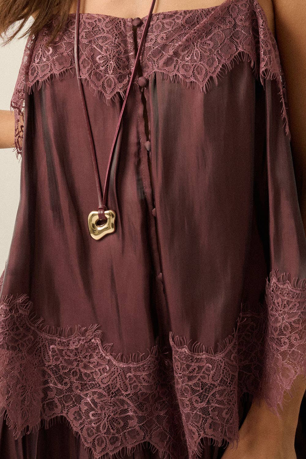 Shimmer Chiffon Lace-Trim Tiered Buttoned Maxi Slip Dress