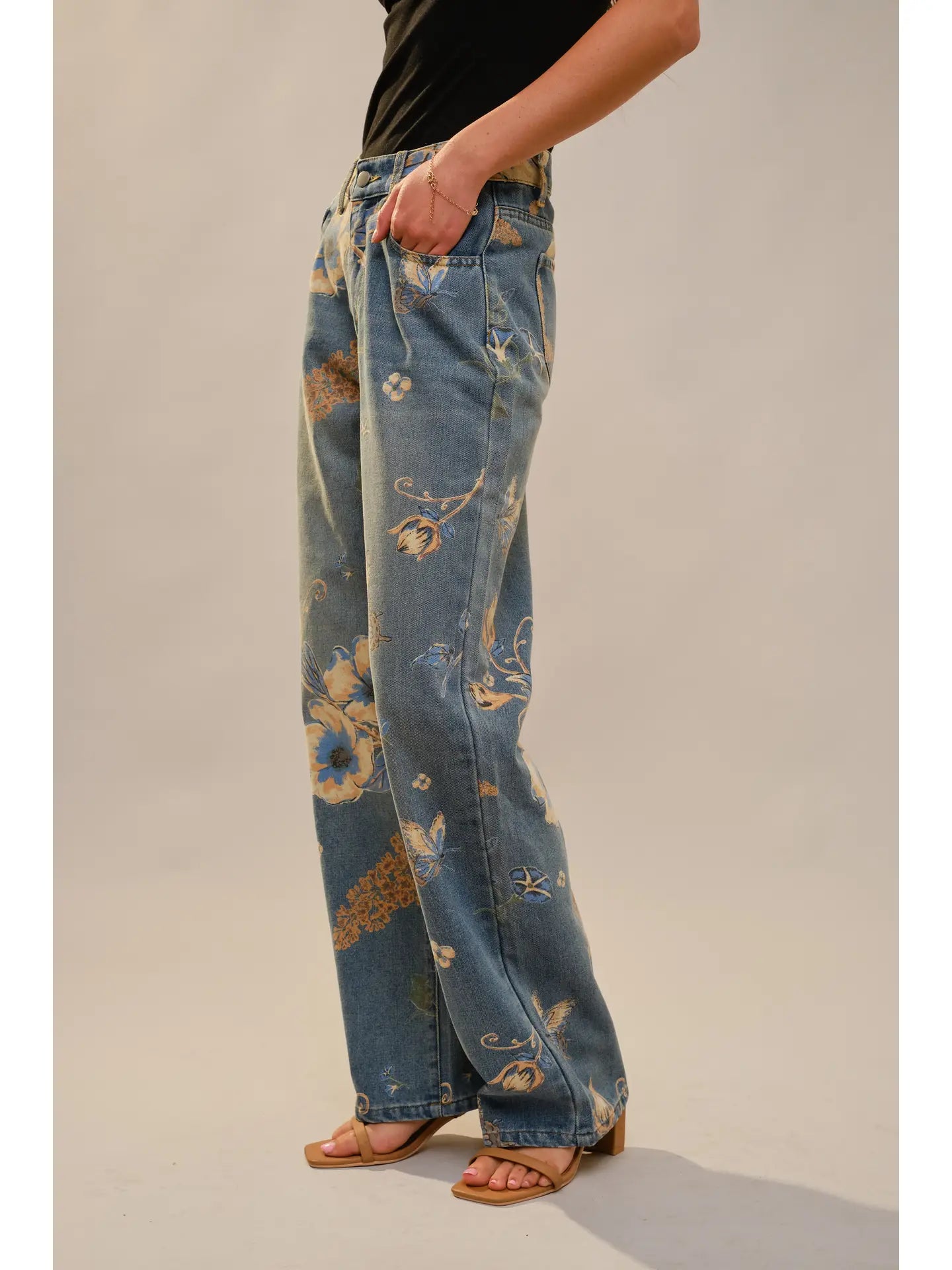 High Rise Wide Leg Jeans - Floral & Butterfly Print