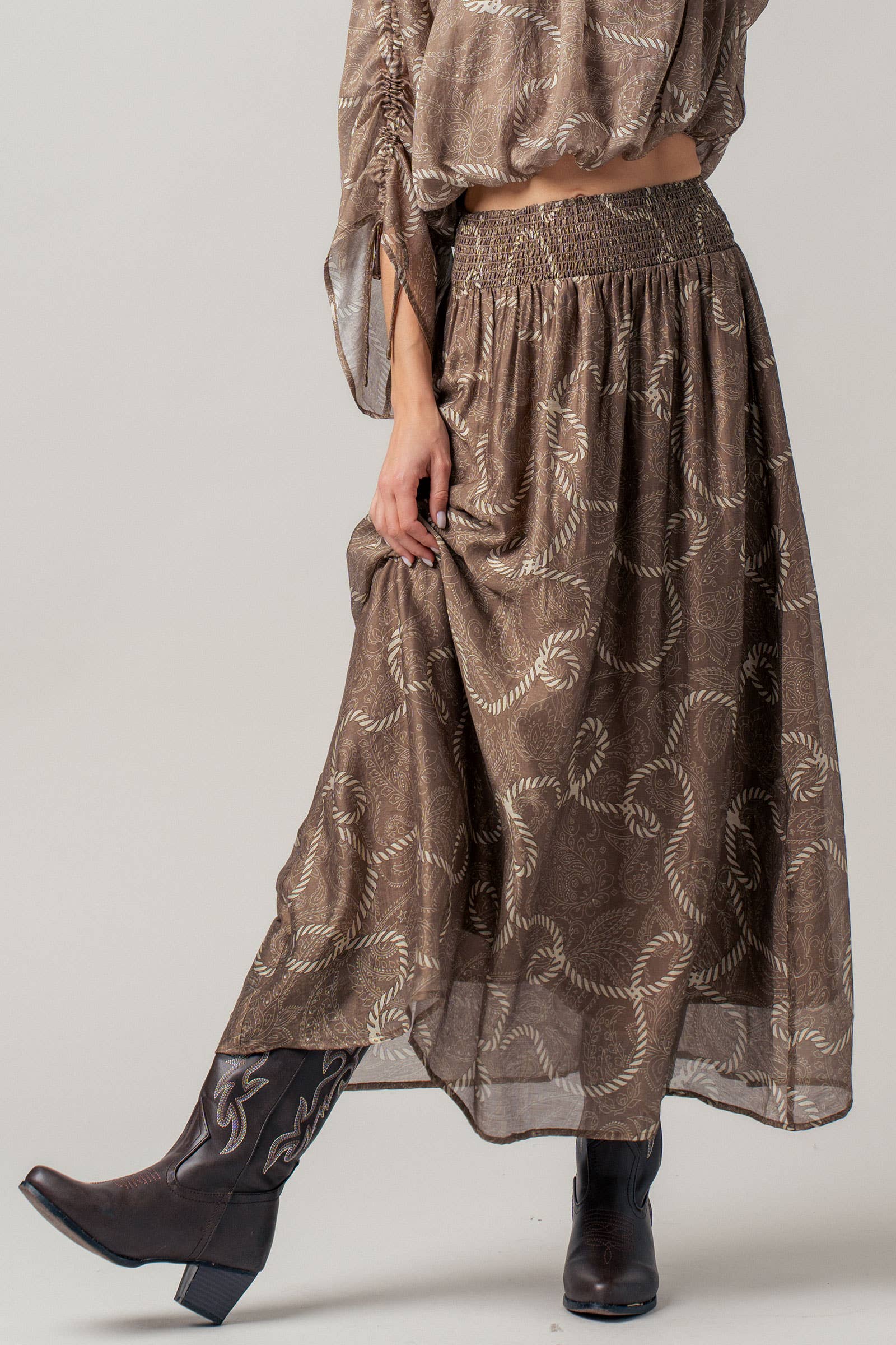 Rope Print Smocked Waist Maxi Skirt