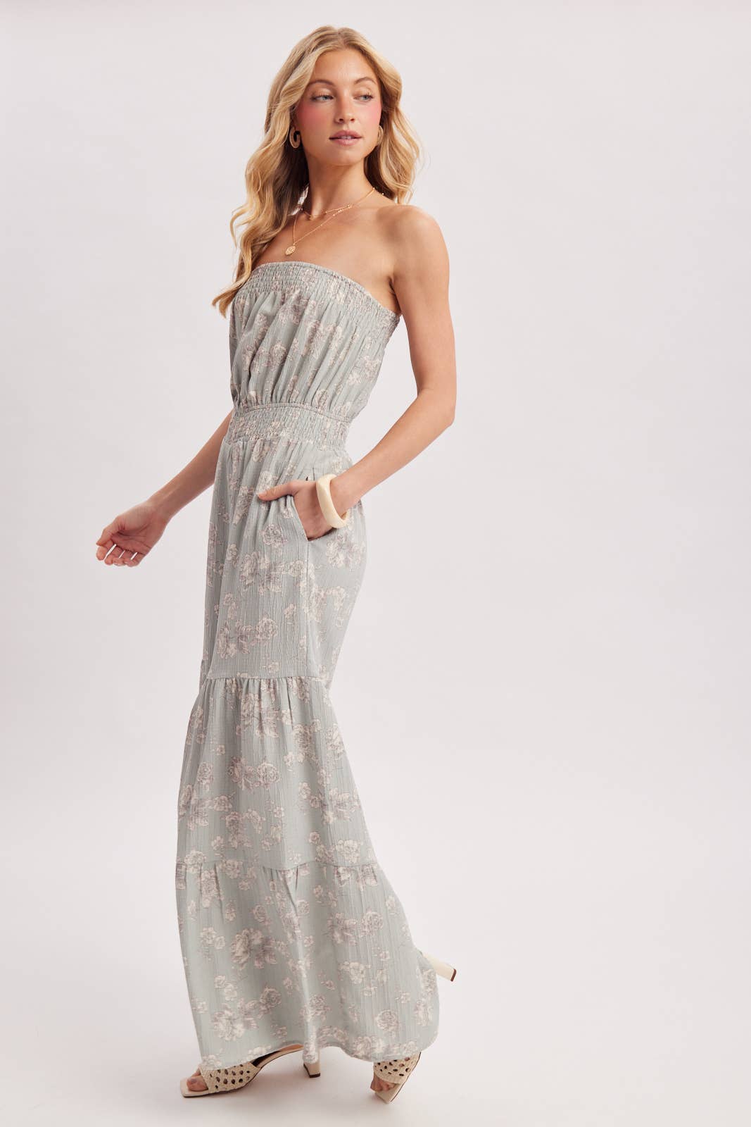FLORAL PRINT SMOCKED TUBE TOP JUMPSUIT
