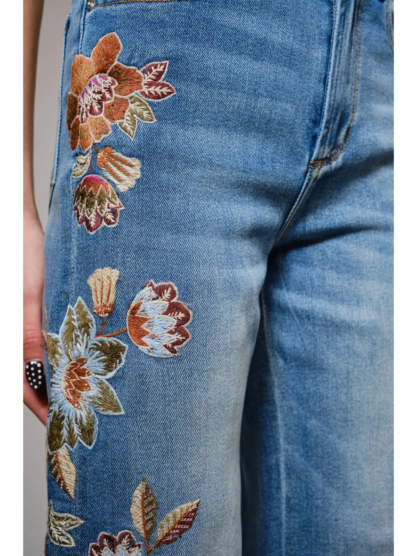 Flower Embroidery High Waist Flare Jean
