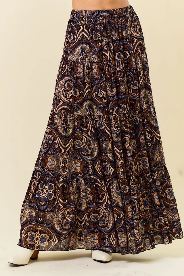 Paisley Print Tiered Maxi Skirt