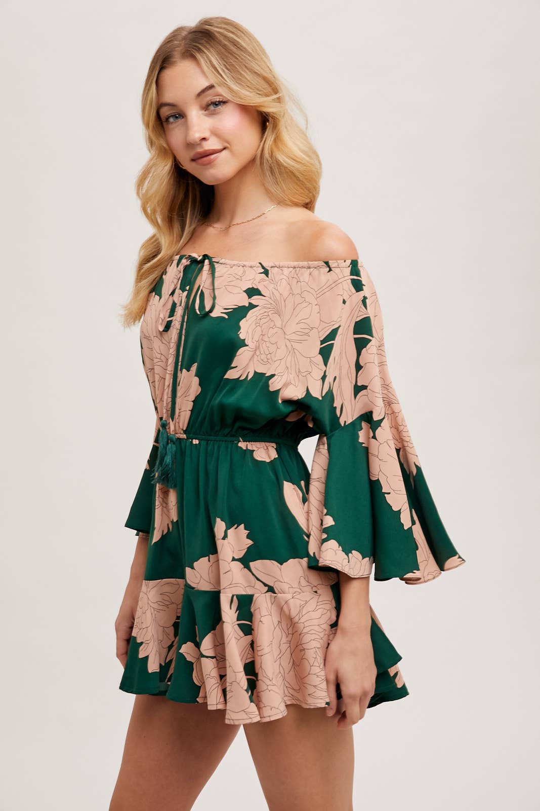 Floral Print Off-the-Shoulder Bell Sleeved Romper